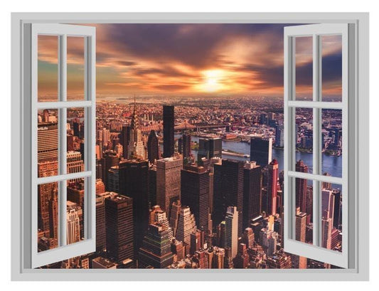 NYC Sunset View Wall Decal: Cityscape Window Effect (45x60cm)