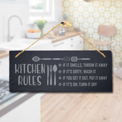 Kitchen Rules If It Smells Laser Engraved Hanging Slate Kitchen Home Plaque Sign