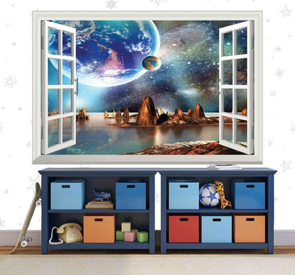 3D Alien Planet Window View Wall Decal - Fantasy Landscape Mural