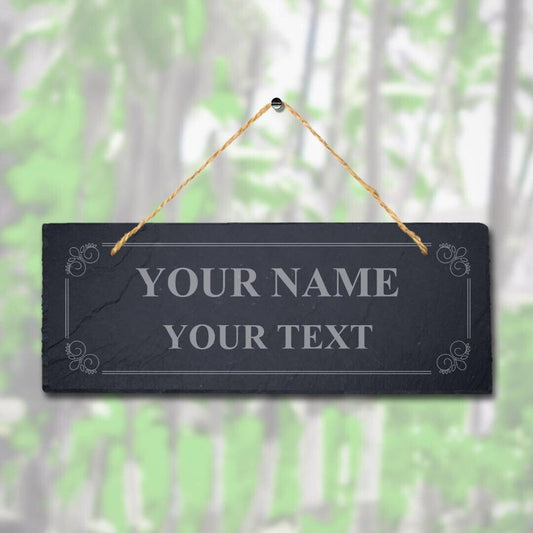 Personalised Name Text With Border Laser Engraved Hanging Slate Garden Plaque Sign