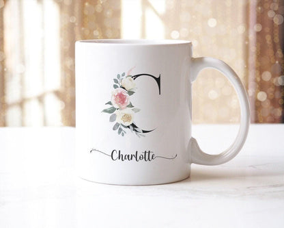 Personalised Floral Initial Mug: Watercolor Flower Monogram Gift