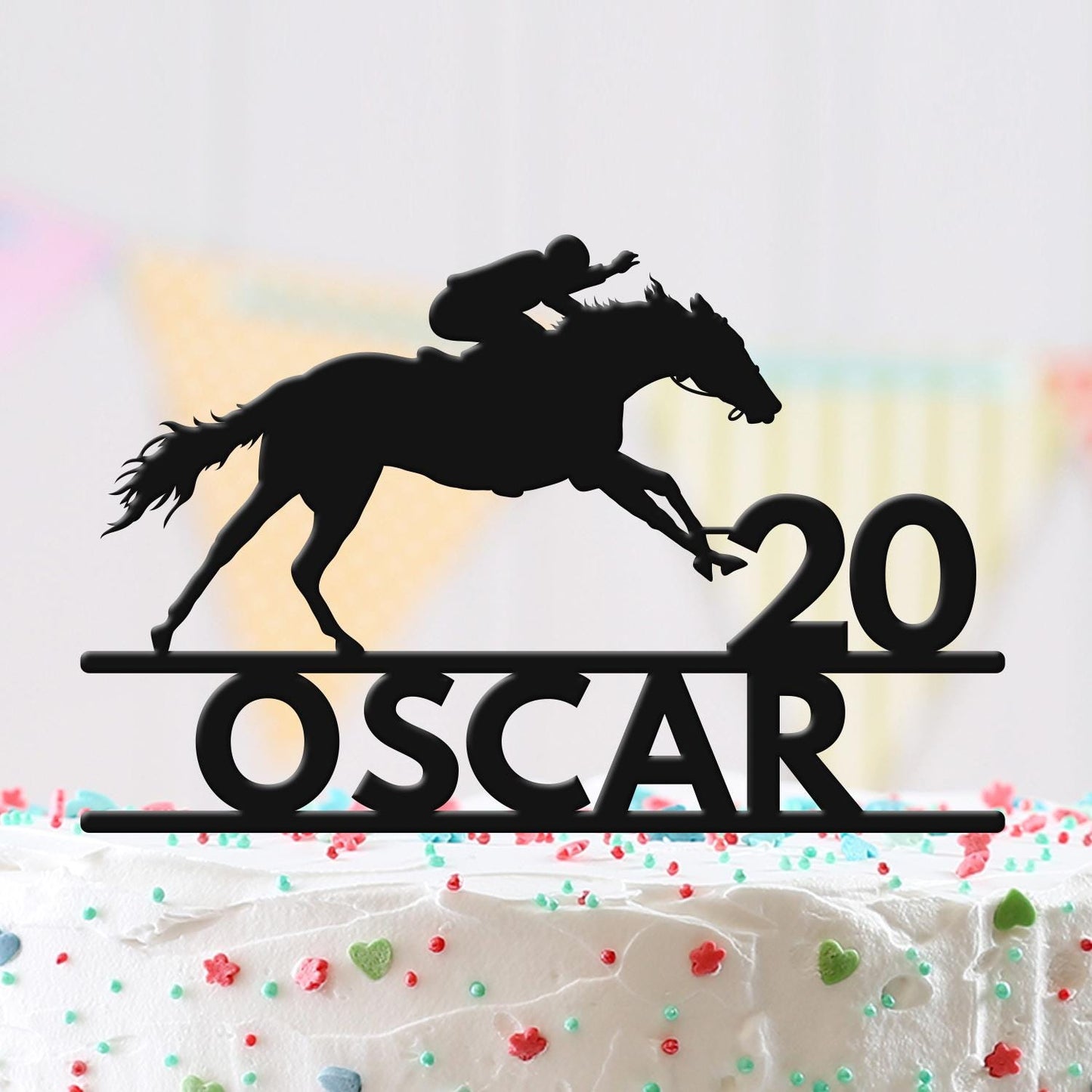 Personalised Horse Racing Birthday Cake Topper Jockey Rider Acrylic Decoration
