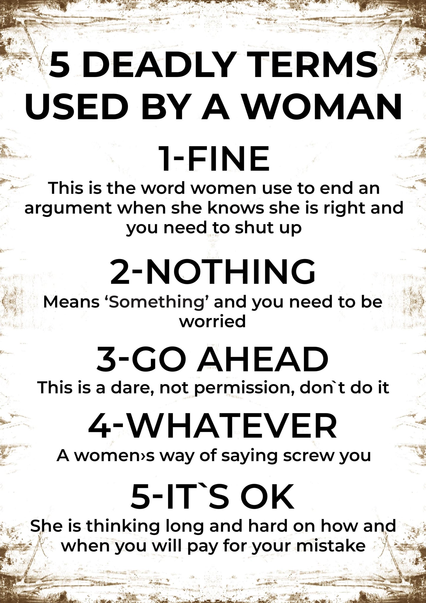 Deadly Terms Used By A Woman Fine Nothing Go Ahead Wall Poster Funny Print Decor