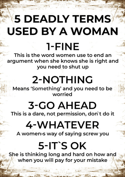 Deadly Terms Used By A Woman Fine Nothing Go Ahead Wall Poster Funny Print Decor