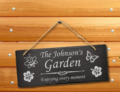 Personalised Engraved Natural Slate Hanging Family Garden Sign Plaque
