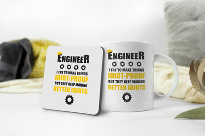 Funny Engineer - I Try To Make Things Idiot Proof, Novelty Coffee Mug & Coaster