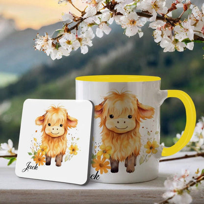 Custom Highland Cow Personalised Mug & Coaster Set Fluffy Cow Design Birthday Christmas Gifts