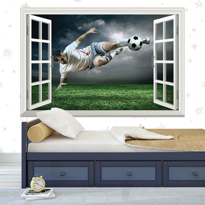 Footballer 3D Window View Wall Decal: Boys Bedroom Mural