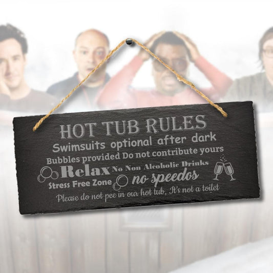 Hot Tub Rules Engraved Hanging Slate Sign Funny Pool Spa Outdoor Gift Plaque