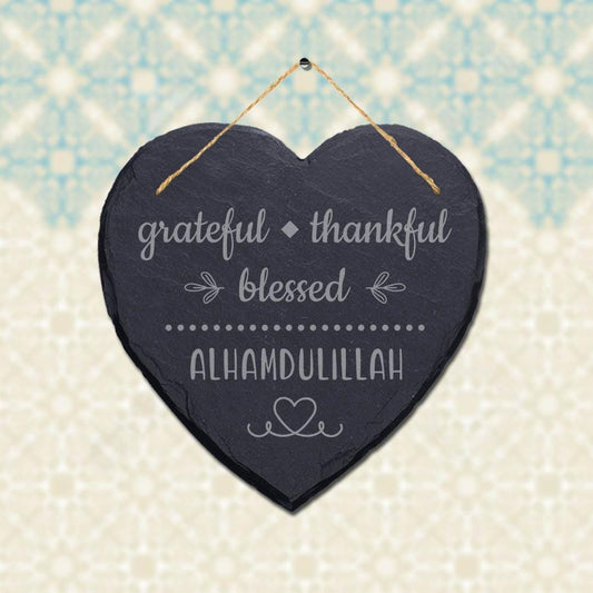 Grateful Thankful Blessed Engraved Islamic Wall Hanging Slate Heart Plaque Sign