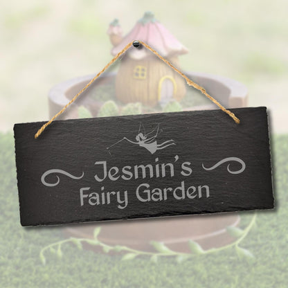 Personalised Name Fairy Garden Engraved Hanging Slate Gardening Gift Plaque Sign