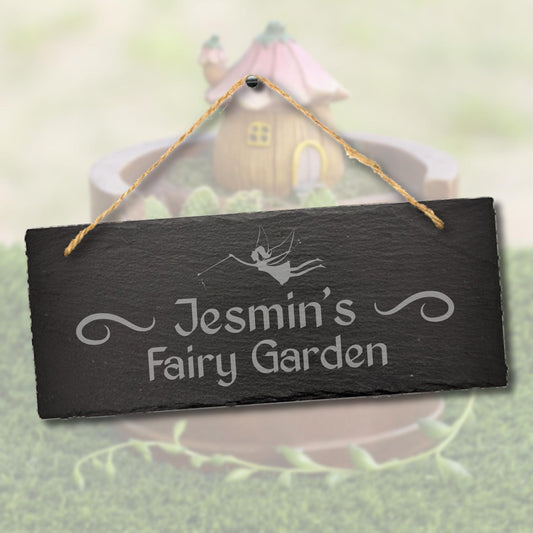 Personalised Name Fairy Garden Engraved Hanging Slate Gardening Gift Plaque Sign