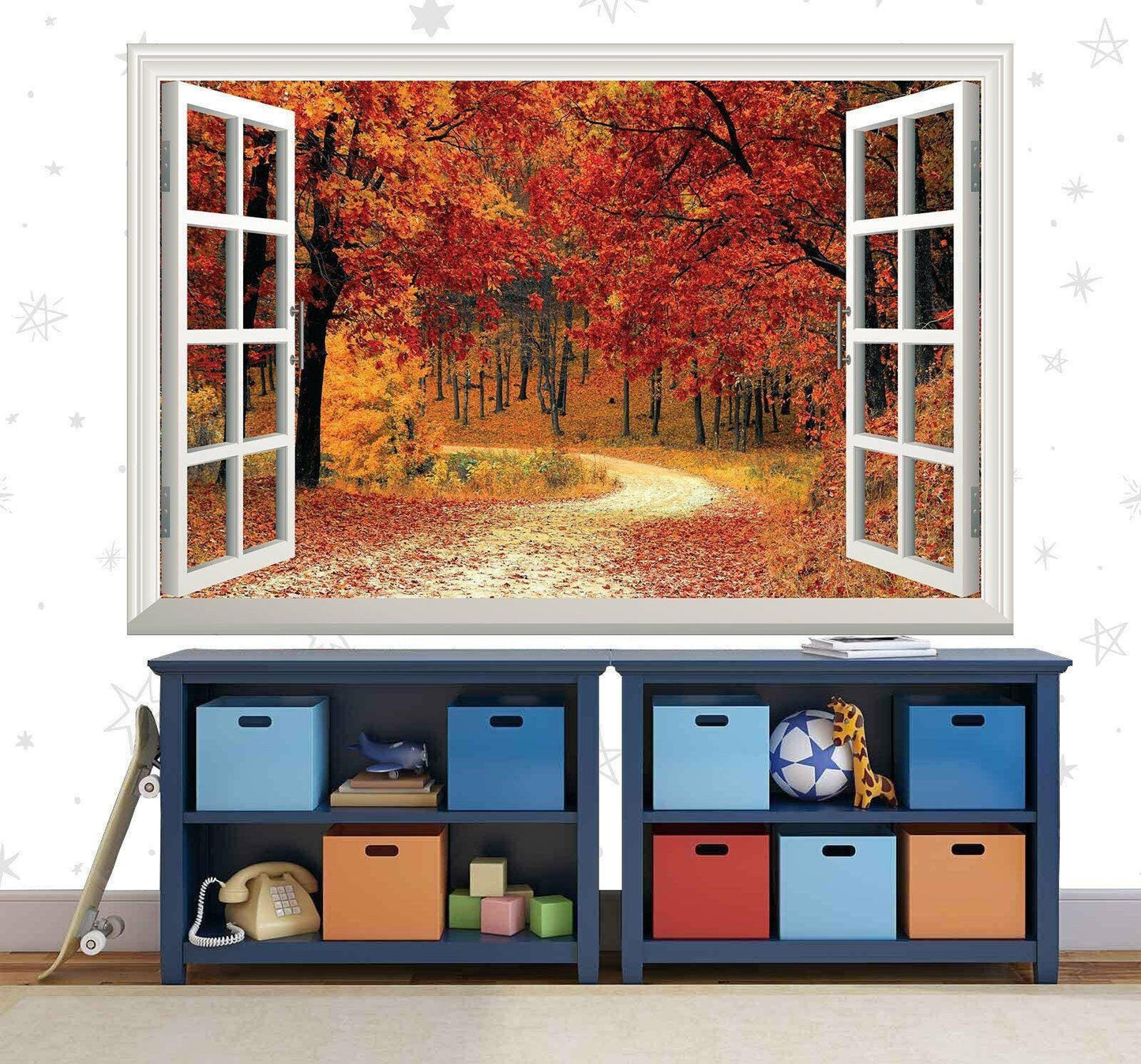 Autumn Forest Window View Wall Decal: Self-Adhesive Vinyl Mural