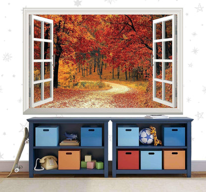 Autumn Forest Window View Wall Decal: Self-Adhesive Vinyl Mural