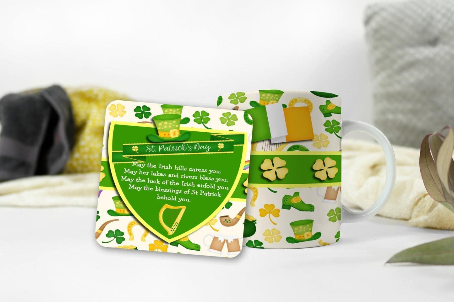 Irish Blessing Mug & Coaster Gift Set St Patricks Day Luck Prayer Coffee Gifts