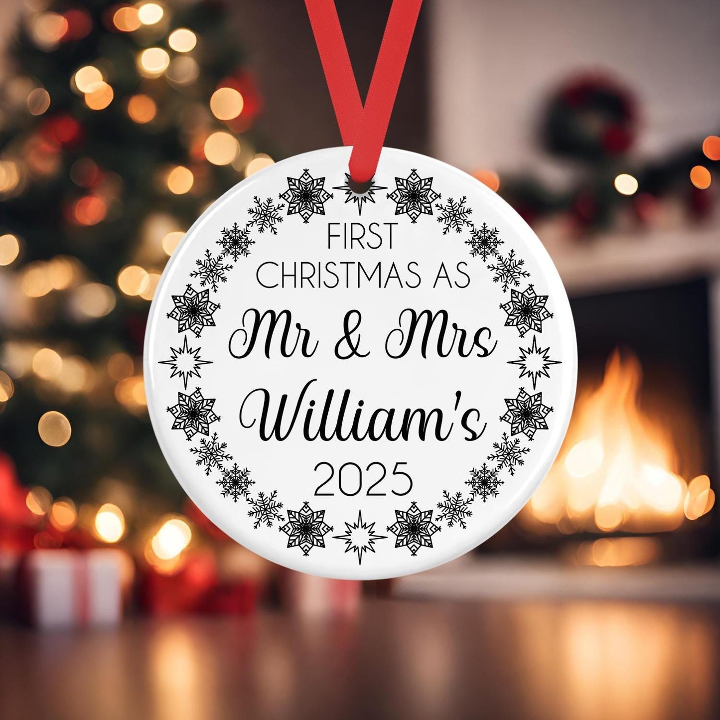 Personalised Mr & Mrs First Christmas Bauble: Acrylic or Ceramic