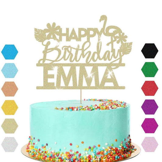 Personalised Flamingo Glitter Happy Birthday Cake Topper Party Cake Decoration