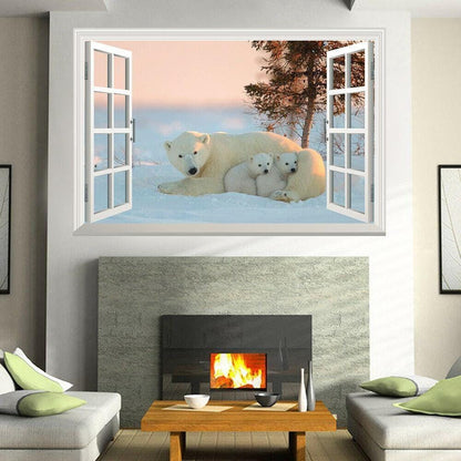 Polar Bear Family Wall Sticker: 3D Window View Mural