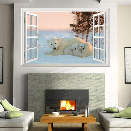 Polar Bear Family Wall Sticker: 3D Window View Mural