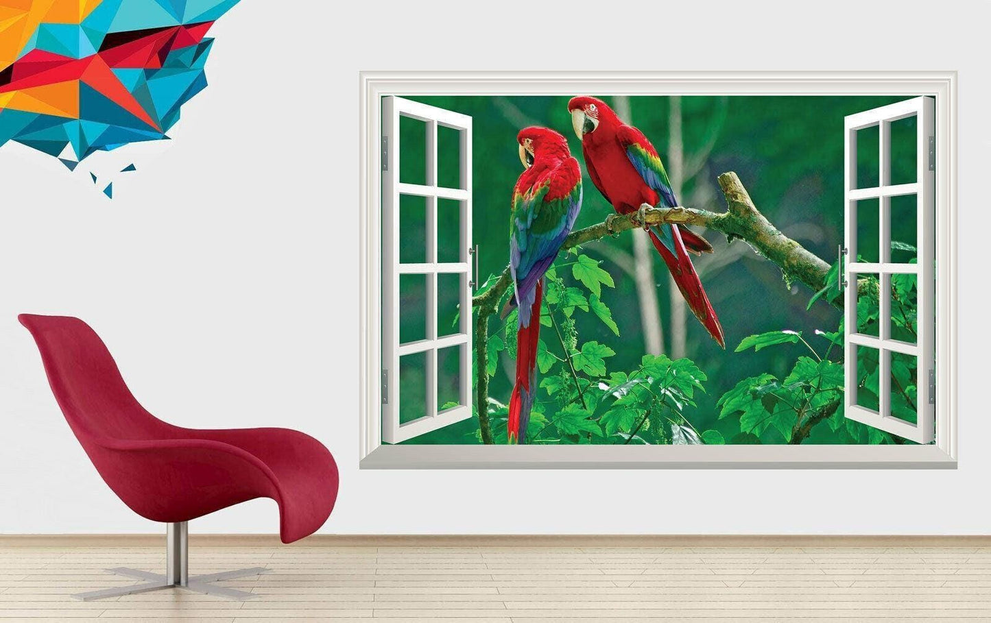 Macaw Parrot Wall Decal: 3D Window View Mural