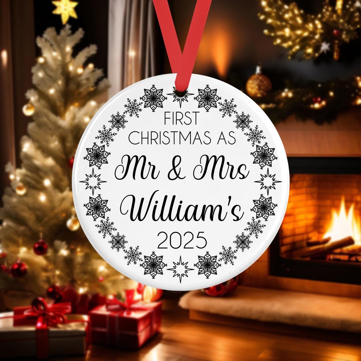 Personalised Mr & Mrs First Christmas Bauble: Acrylic or Ceramic