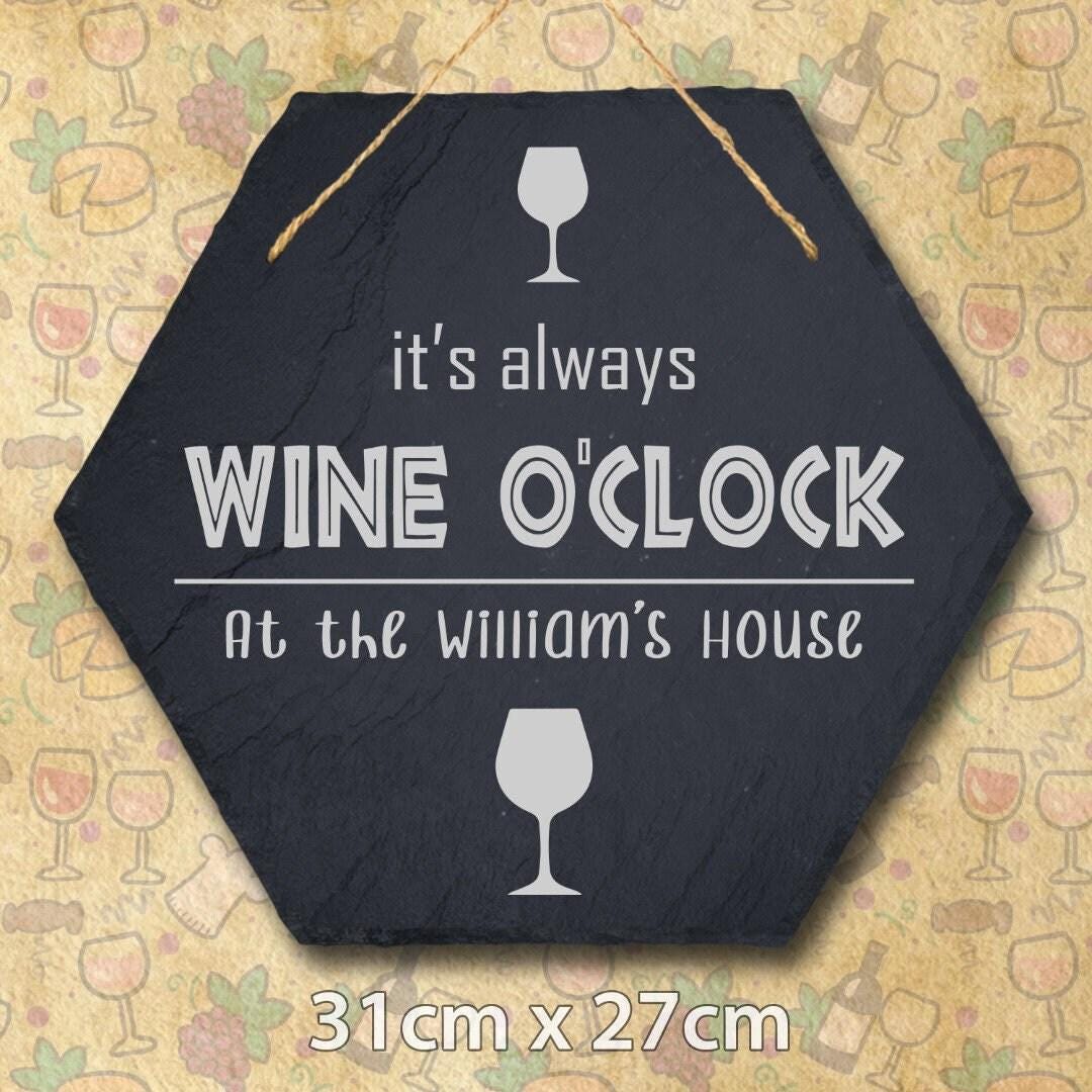 Wine Oclock Personalised Hanging Slate Sign Bar Decor Engraved Gift Custom