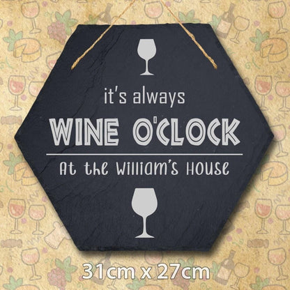 Wine Oclock Personalised Hanging Slate Sign Bar Decor Engraved Gift Custom