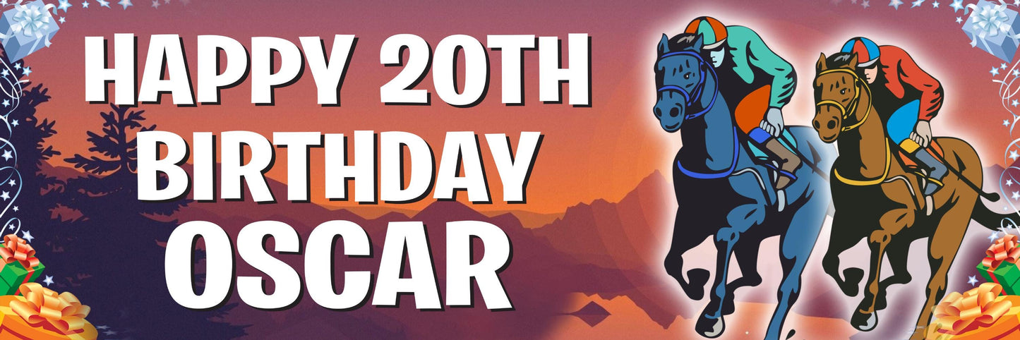 2x Personalised Horse Racing Birthday Banner: Custom Name & Age
