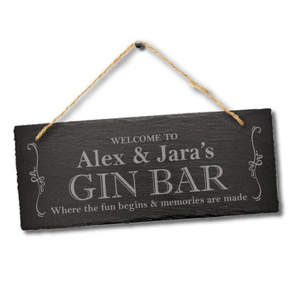 Personalised Welcome To Gin Bar Engraved Hanging Drinking Gift Slate Plaque Sign