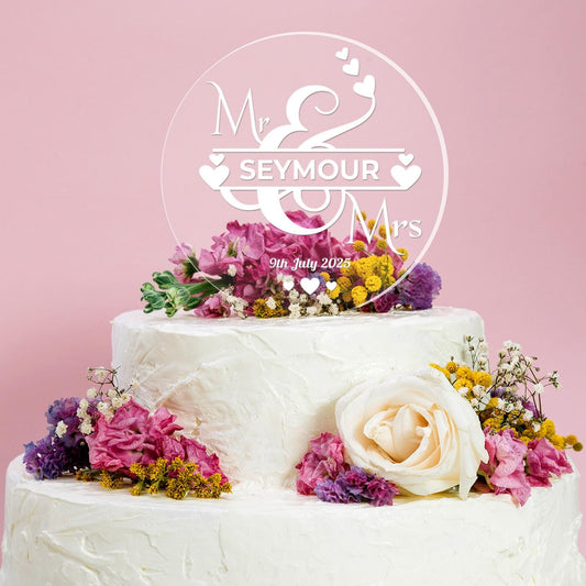 Personalised Wedding Cake Topper Engraved Acrylic Circle Mr & Mrs Decoration
