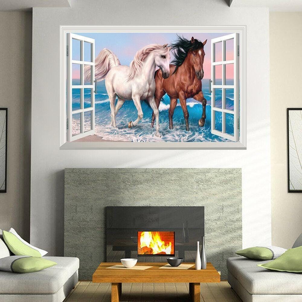 Beach Horses 3D Window View Wall Decal: Abstract Vinyl Mural