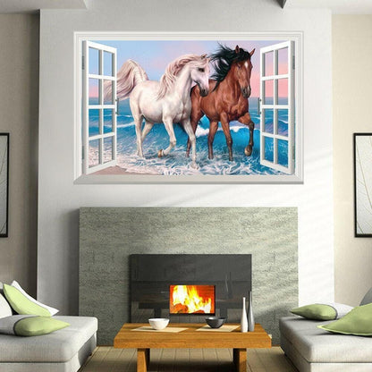 Beach Horses 3D Window View Wall Decal: Abstract Vinyl Mural
