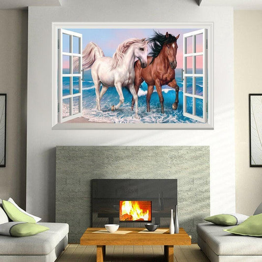 Beach Horses 3D Window View Wall Decal: Abstract Vinyl Mural