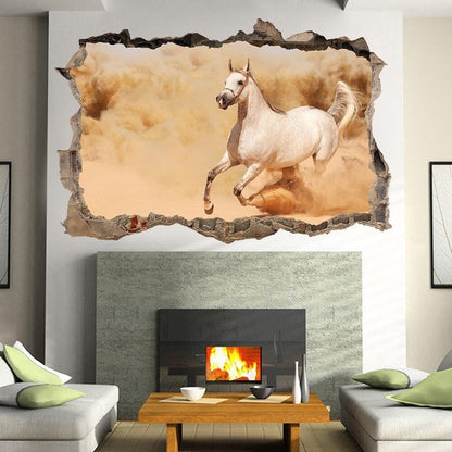 White Horse 3D Window View Wall Decal: Running in Sand