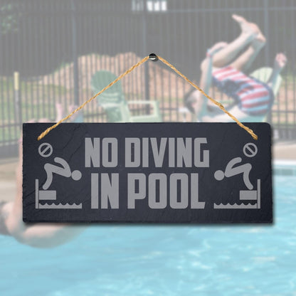 No Diving In Pool Laser Engraved Hanging Slate Pool Pond Caution Plaque Sign