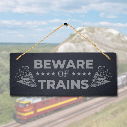 Beware Of Train Laser Engraved Hanging Slate Caution Railway Station Plaque Sign