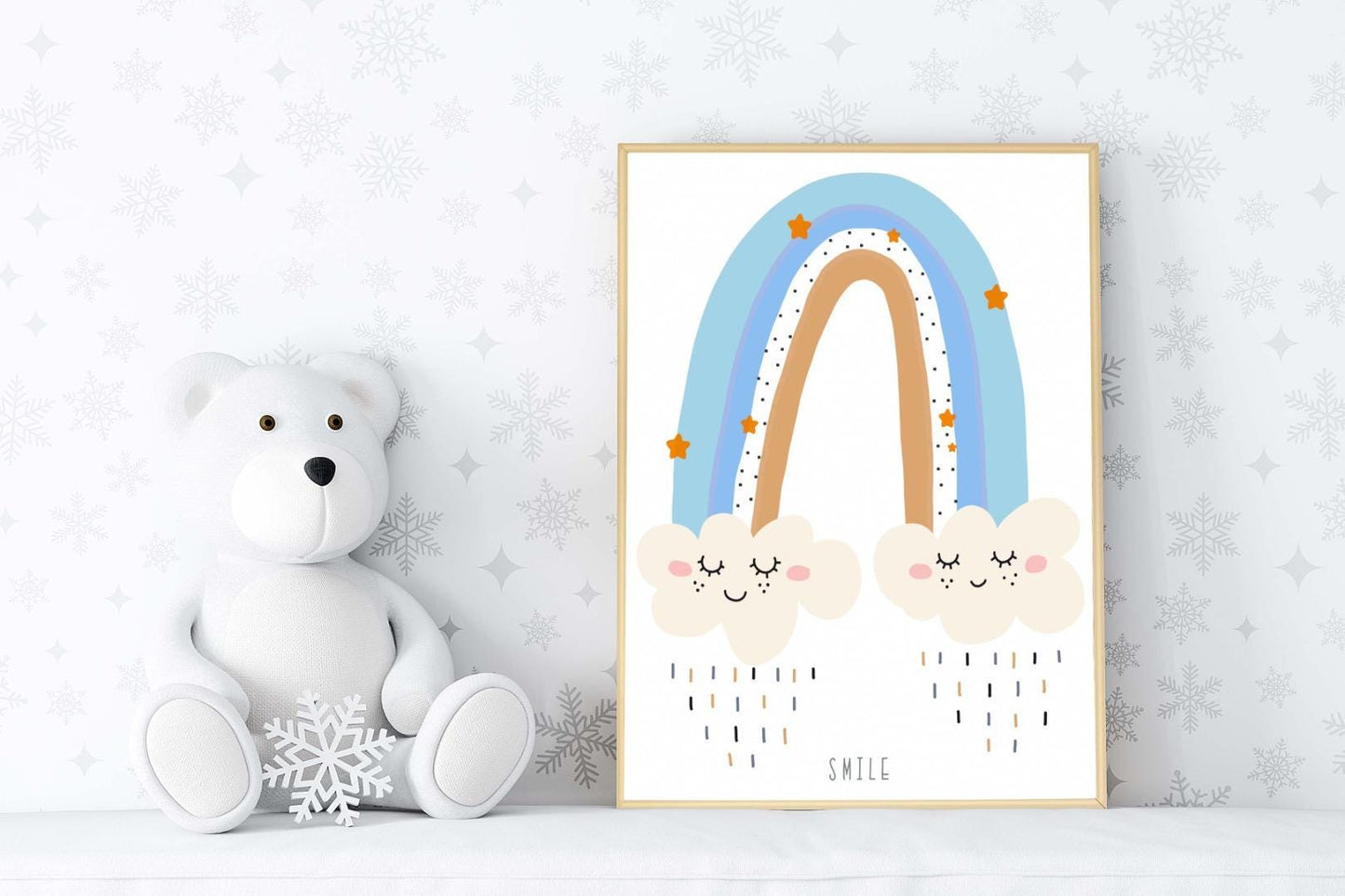 Smile Boy Boho Watercolour Hand Painted Effect Rainbow Nursery Wall Art Poster