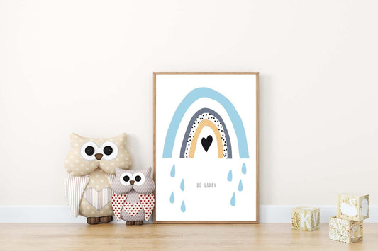 Rain Drops Boy Boho Watercolour Hand Painted Effect Rainbow Nursery Art Poster