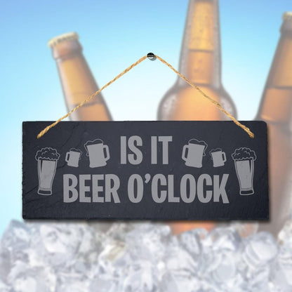 Laser Engraved Slate Beer O'Clock Bar Sign with Jute Rope