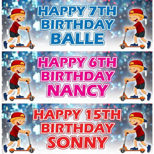 2 Personalised Scooter Birthday Party Celebration Banners Decoration Posters