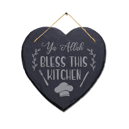 Ya Allah Bless This Kitchen Engraved Islamic Wall Hanging Slate Heart Plaque Sign