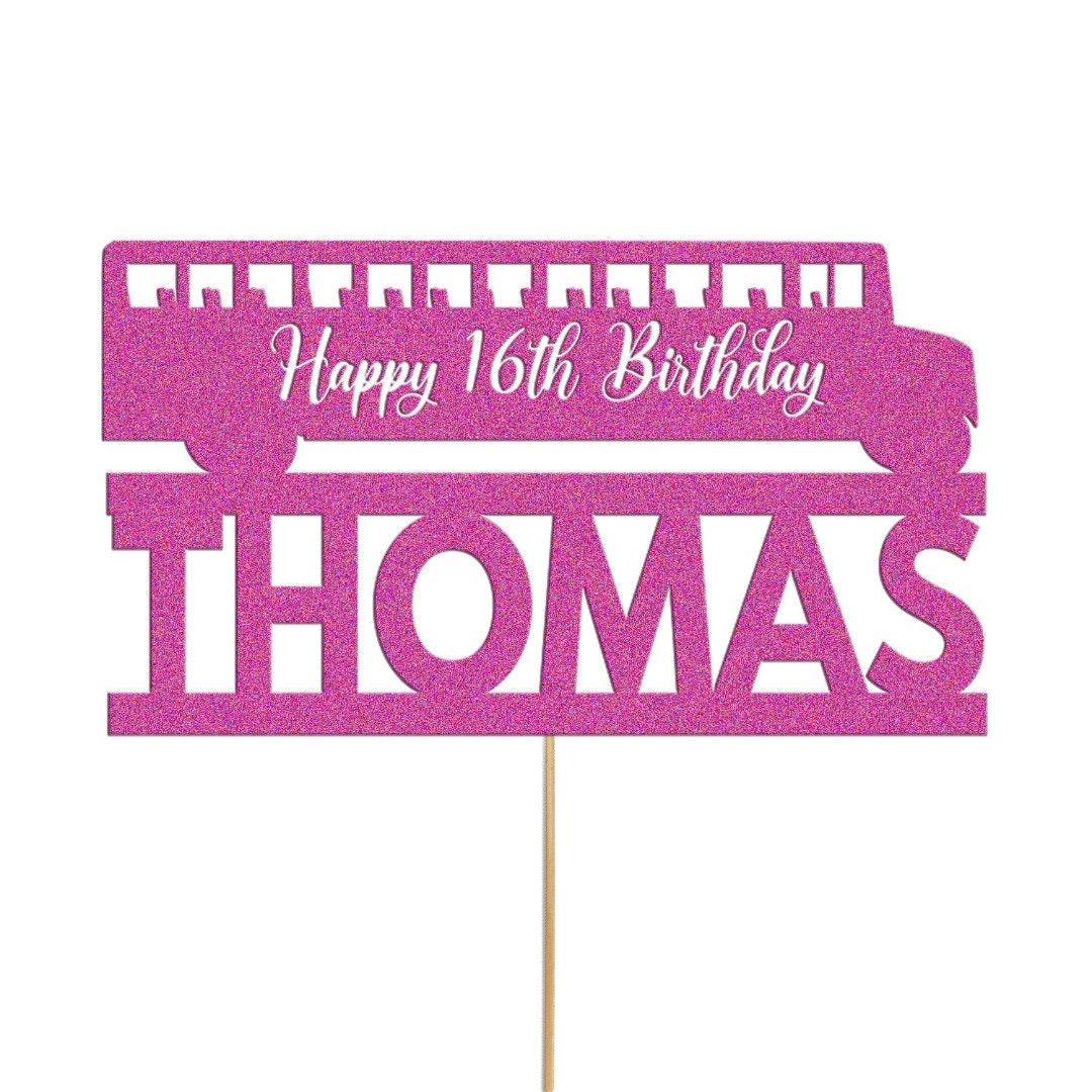 Personalised Glitter Bus Cake Topper: Custom Name & Age