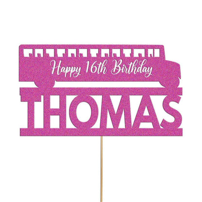 Personalised Glitter Bus Cake Topper: Custom Name & Age