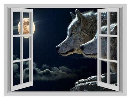 Wolf Moon 3D Window View Wall Decal: Vinyl Mural Sticker