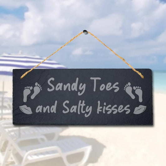 Sandy Toes And Salty Kisses Engraved Hanging Slate Ocean Beach Sea Plaque Sign