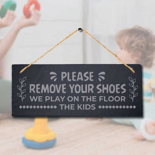 Remove Shoes Kids Play Floor Laser Engraved Hanging Slate Plaque Hygiene Sign