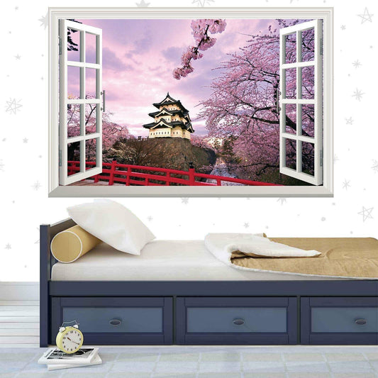 Japanese Temple 3D Window View Wall Decal: Scenic Blossom Tree Skyline