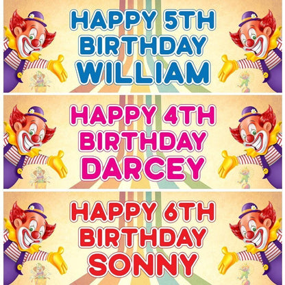 2 Personalised Clown Birthday Banners: Custom Name & Age
