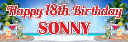 Personalised Beach Birthday Banner: Cocktail Theme, Any Name & Age (Set of 2)