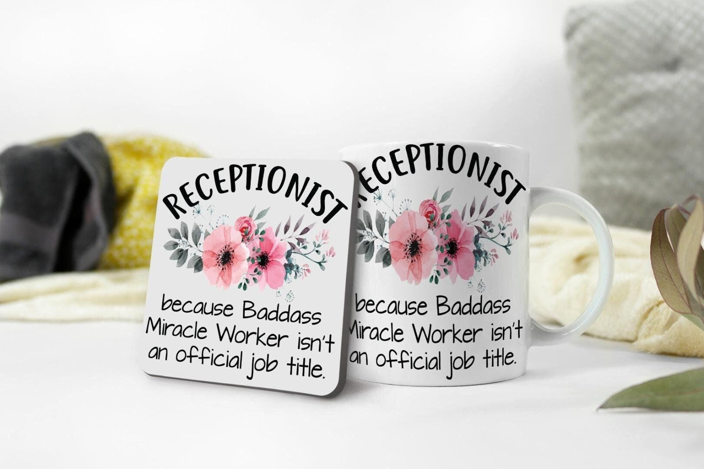 Receptionist Mug & Coaster Set Baddass Miracle Worker Funny Birthday Coffee Gift